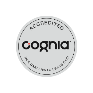 Sello circular de acreditación Cognia con texto "ACCREDITED" y referencias a NWAC y SACS ORD